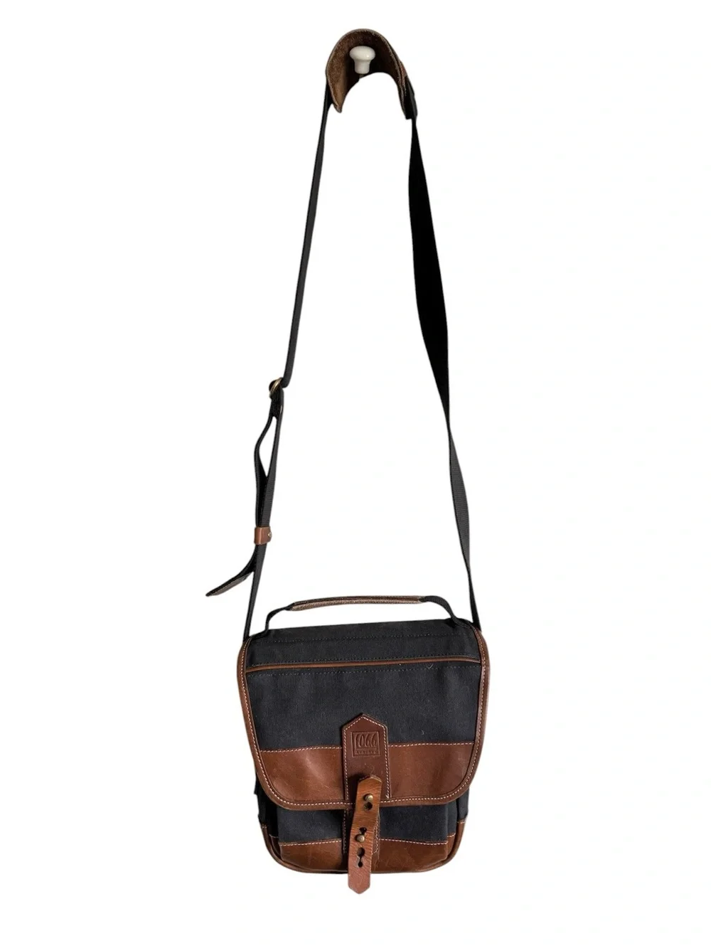 Fogg Can-Can Navy Blue Brown Canvas & Brown Leather Camera Crossbody Bag